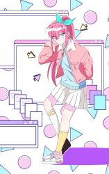  1girl alternate_costume aqua_eyes aqua_hairband arm_behind_back asymmetrical_legwear aubrey_(faraway)_(omori) aubrey_(omori) b_hong blue_sweater bow bow_hairband circle closed_mouth collared_shirt cursor denim denim_jacket double_horizontal_stripe expressionless eyes_visible_through_hair footwear_bow full_body hair_between_eyes hair_over_one_eye hairband hand_up hashtag-only_commentary high_ponytail highres hood hood_down jacket kneehighs knees_apart_feet_together light_frown long_hair long_sleeves miniskirt mismatched_socks omori open_clothes open_jacket outline pink_bow pink_hair pink_jacket pleated_skirt pocket ponytail puffy_long_sleeves puffy_sleeves shirt shoes sidelocks simple_background skirt sneakers socks solo square sweater triangle very_long_hair white_background white_hood white_outline white_shirt white_shoes white_skirt white_socks window_(computing) yellow_socks 