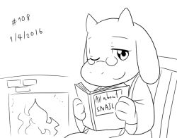 1girl 2016 2d animal_ears anthro book coffgirl commentary dated digital_media droopy_ears english_commentary english_text fangs female female_only fire fireplace floppy_ears furry furry_female glasses goat goat_ears goat_girl goat_horns holding holding_book horns lineart long_sleeves looking_at_viewer mammal monochrome monster monster_girl one_eye_closed robe simple_background smile solo text toriel undertale upper_body utdr_(toby_fox) white_background