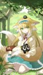  1girl absurdres animal_ear_fluff animal_ears arknights bag black_cat blonde_hair blue_hairband blue_skirt blush brown_bag cardigan cat chinese_commentary commentary_request creature_on_head fox_ears fox_girl fox_tail frilled_hairband frills green_eyes hair_ornament hair_scrunchie hairband heixiu highres kitsune kyuubi long_hair long_sleeves luoxiaohei mou_banlangen multicolored_hair multiple_tails neck_ribbon nose_blush official_alternate_costume on_head open_cardigan open_clothes outdoors partial_commentary puffy_long_sleeves puffy_sleeves red_ribbon ribbon scrunchie seiza shirt shoulder_bag sidelocks sitting skirt sleeve_cuffs spring_(season) stitches suzuran_(arknights) suzuran_(spring_praise)_(arknights) tail the_legend_of_luo_xiaohei two-tone_hair very_long_hair white_hair white_shirt yellow_cardigan 