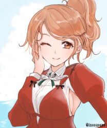 1girl aquila_(kancolle) armpit_cutout blue_sky breasts brown_eyes brown_hair clothing_cutout clouds commentary_request eyelashes hand_on_own_cheek hand_on_own_face kajii_supana kantai_collection large_breasts looking_at_viewer one_eye_closed ponytail sky smile solo twitter_username upper_body 