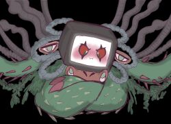  1boy 2023 2d alternate_form black_background blush claws colored_sclera crossed_arms crt digital_media extra_eyes extra_mouth flowey_(undertale) green_eyes highres iamallofbea male male_only monster monster_boy photoshop_flowey plant pout red_claws red_sclera simple_background sketch television_screen undertale utdr_(toby_fox) 