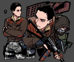  1boy 1girl ak-74 assault_rifle black_gloves black_hair brown_jacket camouflage camouflage_pants chinese_commentary commentary_request fingerless_gloves fukurau genderswap genderswap_(mtf) gloves gun handgun holding holding_gun holding_weapon holster hood hood_up hooded_jacket jacket kalashnikov_rifle makarov_pm pants pixie_cut rifle short_bangs short_hair skif_(stalker_2) snow_camouflage stalker_(game) stalker_2:_heart_of_chornobyl strider_(stalker) thigh_holster trigger_discipline upper_body venus_symbol weapon white_pants 