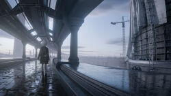  1girl 3d_background absurdres black_ribbon blue_sky book boots clouds coat condensation crane_(machine) day highres holding holding_book m._(emudotto) neck_ribbon original outdoors ribbon scenery shirt short_hair sky standing walking water white_hair 