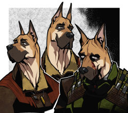  1boy animal_ears blood brown_eyes brown_jacket bulletproof_vest commentary_request cuts dog_boy dog_ears fukurau furrification furry furry_male highres injury jacket male_focus multiple_views shell_casing stalker_(game) stalker_2:_heart_of_chornobyl strider_(stalker) white_eyes 