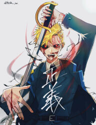  1boy anti-eyebrow_piercing black_sclera blonde_hair colored_sclera cutlass eye_piercing face_piercing highres higyaku_no_noel holding holding_sword holding_weapon necktie oscar_dressel piercing police police_uniform policeman short_hair solo sword weapon wodadada000 