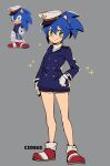  1girl black_shorts blue_hair blush buttons ciosuii closed_mouth full_body genderswap genderswap_(mtf) gloves green_eyes grey_background hat highres humanization looking_at_viewer peaked_cap ponytail shoes short_shorts shorts simple_background smile sonic_(series) sonic_the_hedgehog sprite standing the_murder_of_sonic_the_hedgehog white_gloves 