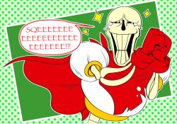 1boy 2022 2d armor cape clenched_hands commentary digital_media english_commentary excited gloves green_background halftone halftone_background highres humanoid justthetmg1280 male male_focus male_only monster monster_boy outline own_hands_together papyrus_(font) papyrus_(undertale) parody popcornpr1nce_(style) red_cape red_gloves simple_background skeleton solo sparkle speech_bubble style_parody tears teeth text undead undertale upper_body utdr_(toby_fox) white_armor white_outline