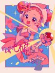  1girl :d blush boots copyright_name double_bun dress earrings full_body gloves hair_bun harukaze_doremi hat highres holding holding_wand jewelry looking_at_viewer magical_girl ojamajo_doremi open_mouth pink_dress pink_footwear pink_gloves pink_headwear puffy_short_sleeves puffy_sleeves red_eyes redhead sanamaru_(sana79261827) short_hair short_sleeves smile solo sparkle standing wand witch_hat 