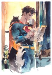  1boy animal animal_on_shoulder belt black_cat black_hair blue_bodysuit bodysuit border calico_(pattern) calico_cat cape cat cat_on_shoulder closed_eyes coffee_mug commentary cropped_legs cup dc_comics drinking english_commentary holding holding_cup holding_newspaper itoscaresme male_focus mug newspaper painting_(medium) plant red_cape short_hair short_sideburns siamese_cat solo superhero_costume superman superman_(series) superman_logo traditional_media watercolor_(medium) white_border yellow_belt 