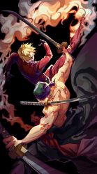  2boys black_background black_gloves blonde_hair curly_eyebrows curly_hair earrings fire gloves green_hair hair_over_one_eye highres holding holding_sword holding_weapon japanese_clothes jewelry kimono leg_up male_focus multiple_boys one_piece red_sash roronoa_zoro sanji_(one_piece) sash simple_background smoke suit sword topless_male weapon weapon_in_mouth yuan_jessie0430 