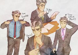  1boy absurdres blueberryblanket closed_eyes coffee_mug collared_shirt cup grey_eyes grey_hair highres jacket larry_(pokemon) mug multicolored_clothes multicolored_hair necktie open_clothes open_jacket pokemon pokemon_(game) pokemon_sv salaryman shirt 