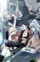  6+boys alcohol alternate_costume anger_vein angry arcade_stick beer beer_bottle belt black_hair black_pants black_vest blonde_hair chips_(food) cigarette closed_eyes controller cookie denim eating edmond_dantes_(fate) evil_smile expressionless fang fighting_game food game_console game_controller glasses green_eyes hair_between_eyes hair_over_one_eye hair_slicked_back highres holding holding_cigarette holding_controller holding_food holding_game_controller holding_pizza indoors jeans joystick kishima_kouma mahoukali_360 male_focus mario_gallo_bestino medium_hair melty_blood melty_blood:_type_lumina michael_roa_valdamjong monitor multiple_boys on_floor open_clothes open_shirt pants pizza playing_games potato_chips red_eyes red_shirt shirt smile surprised sweater television tohno_shiki tsukihime tsukihime_(remake) vampire vest vlov_arkhangel white_hair white_shirt window yellow_eyes 