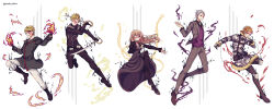  1girl 4boys anti-eyebrow_piercing black_dress black_gloves black_jacket black_sclera blonde_hair boots brothers burn_scar camouflage camouflage_jacket chain choker colored_sclera cutlass dress dual_wielding eye_piercing eyepatch face_piercing fire fugo_dressel fur-trimmed_jacket fur_trim gloves green_jacket highres higyaku_no_noel holding hood jacket long_hair medical_eyepatch multiple_boys nanoko noel_cerquetti oscar_dressel piercing red_eyes ribelio_strada russell_burrows scar scar_on_face scar_on_forehead severed_arm severed_limb short_hair siblings smile suit 