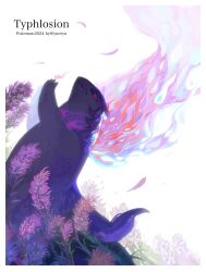  1other absurdres animal_ears arms_up artist_name backlighting body_fur border character_name closed_mouth commentary_request dated dutch_angle english_commentary fire flower from_side furry half-closed_eyes highres hisuian_typhlosion looking_at_viewer mixed-language_commentary other_focus pink_fire pink_flower pokemon pokemon_(creature) profile purple_fur red_eyes solo standing tail twitter_username two-tone_fur watermark wavy_mouth white_background white_border yueryu_(taroyuer2) 