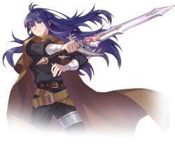  1boy alpha_transparency antenna_hair arm_wrap artist_request belt belt_buckle black_pants black_shirt black_sleeves blue_hair boris_jinneman brown_belt brown_cape buckle cape closed_mouth collared_capelet cross-laced_capelet cross-laced_clothes crossed_belts eyelashes fingernails floating_cape floating_hair frown gem glint grey_eyes hair_between_eyes holding holding_sword holding_weapon long_hair long_sidelocks looking_to_the_side male_focus nexon official_art pants red_gemstone second-party_source shirt sidelocks silver_legwear simple_background solo split_mouth straight_hair sword tales_weaver tassel three-quarter_sleeves transparent_background turtleneck turtleneck_capelet weapon 