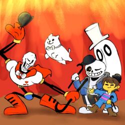  0_0 2023 2boys 2d 2others ambiguous_gender animal ankle_boots annoying_dog armor black_hat black_shorts blue_jacket blue_shirt blue_shorts boots bowtie brothers brown_boots brown_hair cane cape child digital_media dog double_horizontal_stripe frisk_(undertale) ghost gloves gradient_background grey_hood hat height_difference holding holding_cane hollow_eyes hood hood_down hooded_jacket horizontal-striped_clothes human humanoid jacket male monster monster_boy multiple_boys multiple_others napstablook one_eye_closed open_clothes open_jacket orange_background papyrus_(undertale) pink_slippers pink_stripes red_background red_boots red_cape red_gloves sans_(undertale) shirt short_hair shorts siblings simple_background single_vertical_stripe skeleton slippers socks striped_clothes striped_shirt striped_shorts teeth two-tone_shirt undead undertale utdr_(toby_fox) vertical-striped_clothes vertical-striped_shorts white_armor white_bowtie white_dog white_shirt white_socks white_stripes zeeetto007 