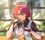  1girl angel apple_pie arknights black_gloves blurry blurry_background cheek_rest closed_mouth depth_of_field detached_wings energy_wings exusiai_(arknights) fingerless_gloves food fork gloves hair_between_eyes hair_over_one_eye halo holding holding_fork indoors jacket looking_at_viewer memetaroh pie plate pov pov_across_table redhead short_hair signature smile solo table white_jacket wings yellow_eyes 