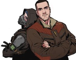  2boys back-to-back beanie black_gloves brown_eyes brown_hair brown_jacket buzz_cut chinese_commentary commentary_request fukurau gloves grey_hat hat hood hood_up hooded_jacket jacket looking_at_viewer male_focus mask multiple_boys respirator shell_casing short_hair simple_background skif_(stalker_2) stalker_(game) stalker_2:_heart_of_chornobyl strider_(stalker) upper_body very_short_hair white_background 