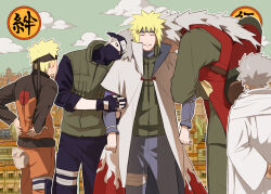  5boys bandaged_leg bandages black_gloves black_headband black_mask black_pants black_shirt black_sleeves blonde_hair blue_pants closed_eyes clouds cloudy_sky coat fingerless_gloves flak_jacket gloves green_vest grey_hair hands_on_own_back hatake_kakashi headband headband_over_one_eye holding_another's_arm jacket jiraiya_(naruto) jumpsuit konohagakure_symbol leaning_on_person long_coat long_hair low_ponytail male_focus mask mouth_mask multicolored_jacket multiple_boys namikaze_minato naruto_(series) naruto_shippuuden nervous_smile old old_man orange_jacket orange_jumpsuit orange_pants pants parted_lips ponytail red_tunic robe sarutobi_hiruzen shirt short_hair sky smile so_je_(sojeipic) spiky_hair sweatdrop tunic two-tone_jacket uzumaki_naruto vest white_coat white_robe 