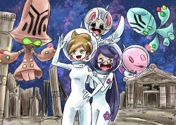  2girls arm_up beheeyem breasts brown_hair clothed_pokemon commentary_request dot_nose earrings elgyem eyelashes fennel_(pokemon) floating floral_print flower_hairclip glasses green_eyes hair_ornament hairclip hands_on_another's_arms highres jewelry kicdon minccino multiple_girls munna open_mouth pillar pokemon pokemon_(creature) pokemon_bw professor_juniper reshiram ruins scared semi-rimless_eyewear short_hair sky smile spacesuit star_(sky) starry_sky sweat zekrom 