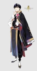  1boy black_hair chamuring commentary_request copyright_name flats flower full_body grey_background highres ian_(lord_of_heroes) korean_commentary long_sleeves looking_at_viewer lord_of_heroes male_focus parted_lips pink_flower pink_rose rose simple_background solo standing 