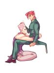  2608337875 2boys absurdres chair cheekbones earrings gakuran headpat highres jean_pierre_polnareff jewelry jojo_no_kimyou_na_bouken kakyoin_noriaki kneeling male_focus multiple_boys pout redhead school_uniform sitting stardust_crusaders tears violet_eyes 