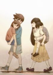  1girl 3boys :d :o ^_^ absurdres aged_down ankle_socks bailan1130 bare_arms bare_legs black_eyes black_hair black_shoes black_shorts blue_shoes blue_shorts blush breasts bright_pupils brother_and_sister brothers brown_hair buttons carrying carrying_person child chinese_commentary chromatic_aberration closed_eyes collared_shirt commentary_request double-parted_bangs facing_another from_side full_body gradient_background grey_background grey_shirt grey_shorts hair_behind_ear hair_between_eyes hatching_(texture) hero_(faraway)_(omori) hero_(omori) highres hug hug_from_behind kel_(faraway)_(omori) kel_(omori) loafers long_hair long_skirt looking_at_another looking_back mari_(faraway)_(omori) mari_(omori) multiple_boys omocat_(style) omori open_mouth orange_shirt orange_shoes piggyback pleated_skirt profile purple_shoes ribbon shirt shoelaces shoes short_hair short_sleeves shorts siblings sideways_mouth simple_background skirt sleeping small_breasts smile sneakers socks standing sunny_(omori) sweatdrop t-shirt u_u very_long_hair very_short_hair walking white_background white_pupils white_ribbon white_shirt white_socks yellow_skirt 