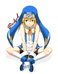  1boy ankle_boots arms_between_legs bare_arms bare_shoulders bike_shorts black_gloves black_shorts blonde_hair blue_boots blue_eyes blue_veil blue_vest boots bridget_(guilty_gear) character_name closed_mouth cross cross_print fingerless_gloves floating_clothes gloves guilty_gear guilty_gear_xx guimpe hair_between_eyes highres indian_style invisible_floor kneehighs latin_cross light_blush long_sidelocks looking_at_viewer male_focus mars_symbol neck_ribbon nun on_floor ooike_teru own_hands_together print_wrist_cuffs ribbon shadow shirt short_hair short_hair_with_long_locks shorts sidelocks simple_background sitting sleeveless sleeveless_shirt smile socks solo straight-on trap two-sided_veil upturned_eyes v_arms veil vest white_background white_shirt white_socks white_trim white_wrist_cuffs wrist_cuffs yellow_ribbon 