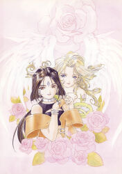  1990s_(style) 2girls aa_megami-sama absurdres angel angel_wings bangle blonde_hair bracelet brown_eyes brown_hair casual_one-piece_swimsuit earrings facial_mark feathered_wings fingerless_gloves flower forehead_mark fujishima_kousuke gloves gorgeous_rose highres holding_hands jewelry leather leather_gloves long_hair looking_at_viewer multiple_girls non-web_source official_art one-piece_swimsuit peorth_(aa_megami-sama) pink_background plant ponytail retro_artstyle rose scan self-scan smile swimsuit thorns vines wavy_hair wings 
