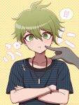  ! !! 1boy amami_rantarou antenna_hair bracelet cheek_poking collarbone crossed_arms danganronpa_(series) danganronpa_v3:_killing_harmony green_eyes green_hair hair_between_eyes highres jewelry looking_at_viewer male_focus necklace poking shirt short_hair smile speech_bubble striped striped_shirt suiren_yurei translation_request upper_body 