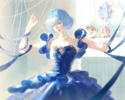  1girl absurdres bead_bracelet beads blue_dress blue_hair blue_nails blue_ribbon bracelet chinese_commentary choker collarbone commentary_request cowboy_shot detached_sleeves dress dress_flower fireplace flower grey_flower hair_between_eyes hair_bun hamel_(path_to_nowhere) highres indoors jewelry light_particles lipstick luori_dianxin makeup mirror nail_polish path_to_nowhere red_lips ribbon single_hair_bun snow_globe solo standing strapless strapless_dress trophy violet_eyes white_choker 