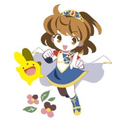  1girl arle_nadja blue_boots boots brown_eyes brown_hair cape carbuncle_(puyopuyo) chibi chibi_only crown dress flower full_body index_finger_raised madou_monogatari open_mouth pink_flower puyopuyo short_hair solo tanba_(tanba-art) tiara white_cape 