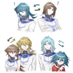  ! 1girl 3boys :o arrow_(symbol) bare_shoulders black_shirt blonde_hair blue_eyes blush breasts brother_and_sister brothers brown_hair closed_eyes closed_mouth commentary_request crossed_arms duel_academy_uniform_(yu-gi-oh!_gx) glasses hair_between_eyes hair_color_switch highres jacket large_breasts long_hair long_sleeves looking_at_another looking_at_viewer marufuji_ryo marufuji_sho medium_hair multiple_boys open_mouth red_jacket rrr_az00 shirt short_hair siblings sleeveless sleeveless_shirt tenjouin_asuka tenjouin_fubuki upper_body white_background white_jacket white_shirt yu-gi-oh! yu-gi-oh!_gx 