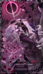  2girls absurdres barefoot bird black_bird black_boots black_dress black_nails black_skirt black_veil book boots chain chain_necklace character_request chinese_commentary closed_eyes clouds colored_extremities commentary_request commission crow dress english_text eyelashes flower from_side highres holding holding_book holding_sword holding_weapon hourglass jewelry lace-up_boots long_hair long_skirt long_sleeves luori_dianxin lying_on_water mole mole_under_eye moon multiple_girls necklace nox_(path_to_nowhere) parted_lips path_to_nowhere pink_flower profile purple_hair red_flower shirt skeleton skirt sky skyline sleeping sparkle sword thorns torn_clothes torn_skirt twitter_username veil very_long_hair watermark weapon white_hair white_shirt yuri 