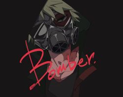  1boy 221b_w blonde_hair burn_scar fugo_dressel gas_mask green_eyes higyaku_no_noel hood hood_up jacket male_focus mask scar scar_on_face short_hair upper_body 