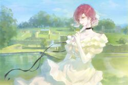  1girl absurdres black_choker black_ribbon blue_sky building chinese_commentary choker clouds commentary_request cowboy_shot curtained_hair day dress flower folded_fan folding_fan frilled_dress frills hair_between_eyes hair_flower hair_ornament hand_fan highres holding holding_fan light_particles luori_dianxin off-shoulder_dress off_shoulder outdoors path path_to_nowhere puffy_short_sleeves puffy_sleeves purple_hair ribbon ribbon_choker shalom_(path_to_nowhere) short_hair short_sleeves sky solo standing tree waist_ribbon water white_dress white_flower white_ribbon 