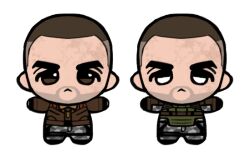  1boy :< brown_eyes brown_jacket bulletproof_vest buzz_cut camouflage chibi chibi_only chibigurumi chinese_commentary closed_mouth commentary_request fukurau full_body jacket male_focus short_hair simple_background snow_camouflage solo stalker_(game) stalker_2:_heart_of_chornobyl strider_(stalker) t-pose very_short_hair white_background white_eyes 