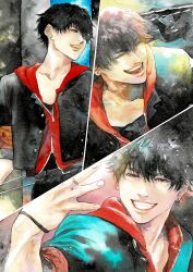  1boy absurdres arm_at_side bandana bandana_around_arm belt black_belt black_hair black_jacket black_pants black_shirt bracelet collarbone commentary_request cropped_jacket earrings fingernails gakuran green_eyes grin hair_between_eyes hand_up heterochromia highres hood hood_down hoodie hypnosis_mic hypnosis_mic:_rule_the_stage jacket jacket_over_hoodie jewelry leaning_forward light_particles looking_at_viewer looking_to_the_side male_focus mole mole_under_eye multiple_views narrowed_eyes official_alternate_costume open_clothes open_jacket open_mouth painting_(medium) pants realistic red_bandana red_eyes red_hoodie ring saatooiimooo school_uniform shirt short_hair sleeves_rolled_up smile spread_fingers stud_earrings traditional_media unzipped upper_body very_short_hair watercolor_(medium) wispy_bangs yamada_ichiro yamada_ichiro_(tdd_era) zipper zipper_pull_tab 