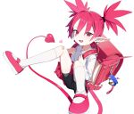  1girl absurdres backpack bag bandaid bandaid_on_knee bandaid_on_leg bike_shorts blush charm_(object) collared_shirt demon_girl demon_tail demon_wings disgaea earrings etna_(disgaea) flat_chest full_body hair_ornament hairclip heart heart_hair_ornament highres jewelry jiryu50610218 kneehighs looking_at_viewer medium_hair open_mouth pointy_ears prinny randoseru red_bag red_eyes red_footwear red_wings redhead shirt simple_background skull_earrings smile socks solo tail twintails white_background white_shirt white_socks wings 