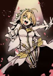  1girl :d ahoge amaya_5321 belt blonde_hair bodysuit bouncing_breasts breasts chain double-parted_bangs excited fate/grand_order fate_(series) floating flower gloves hair_between_eyes hair_intakes head_wreath heart highres lock looking_at_viewer medium_breasts nero_claudius_(bride)_(fate) nero_claudius_(fate) open_mouth padlock petals short_hair smile solo standing teeth upper_teeth_only veil white_bodysuit white_gloves 