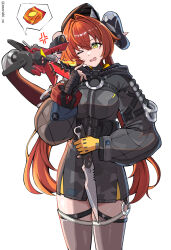  1girl anger_vein asymmetrical_gloves coat combat_knife curled_horns dragon_girl dragon_horns fire gloves green_eyes grey_coat hat highres holding holding_knife horns knife long_hair magus_(zenless_zone_zero) mechanical_tail mismatched_gloves morishi_m one_eye_closed orange_hair orphie_magnusson pointy_ears scolding spoken_food sweatdrop tail thigh-highs twintails twitter_username weapon white_background zenless_zone_zero 