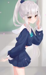  1girl blue_bow blue_serafuku blue_shirt blue_skirt bow brown_eyes closed_mouth crop_top fate/grand_order fate_(series) from_side grey_hair hand_up high_ponytail highres indoors long_hair long_sleeves looking_at_viewer looking_to_the_side melusine_(fate) midriff petals pleated_skirt ponytail puffy_long_sleeves puffy_sleeves riya_(01214) sailor_collar school_uniform serafuku shirt skirt smile solo very_long_hair white_sailor_collar 