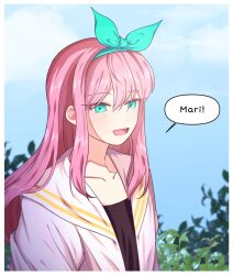  1girl :d aqua_eyes aqua_hairband arms_at_sides aubrey_(faraway)_(omori) aubrey_(omori) b_hong black_shirt blue_sky bow_hairband clouds collarbone commentary_request day double-parted_bangs english_text flat_chest hair_between_eyes hairband happy highres jacket korean_commentary leaf long_hair looking_ahead omori open_clothes open_jacket open_mouth outdoors pink_hair sailor_collar shirt sidelocks simple_background sky smile solo speech_bubble straight_hair tongue tsurime upper_body white_jacket white_sailor_collar 