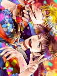  2boys battle_tendency blonde_hair blue_eyes brown_hair caesar_anthonio_zeppeli coca-cola cola confetti facial_mark feather_hair_ornament feathers green_eyes hair_ornament happy_birthday headband highres jojo_no_kimyou_na_bouken joseph_joestar joseph_joestar_(young) laughing male_focus mikan03260 multiple_boys one_eye_closed padded_jacket triangle_print v 