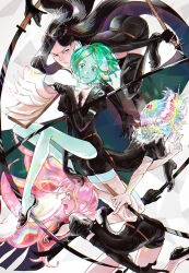  4others androgynous aqua_skin black_boots black_gloves black_hair black_necktie black_shirt black_shorts boots bort closed_mouth colored_skin commentary crystal_hair diamond_(houseki_no_kuni) elbow_gloves english_commentary frown gem_uniform_(houseki_no_kuni) gloves green_eyes green_hair highres holding holding_sword holding_weapon houseki_no_kuni long_hair looking_at_viewer morganite_(houseki_no_kuni) multicolored_hair multiple_others necktie one_eye_closed open_mouth other_focus paper phosphophyllite pink_eyes pink_hair rainbow_hair shirt short_hair short_shorts short_sleeves shorts smile sparkle sword thigh-highs thigh_boots very_long_hair weapon white_gloves white_thighhighs wormontwostrings 