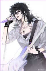  1girl 6-string_bass_guitar bass_guitar belt black_belt black_gloves black_hair black_nails black_pants blue_eyes chain chain_necklace chinese_commentary commentary_request cowboy_shot deren_(path_to_nowhere) earrings extended_range_bass_guitar fingerless_gloves glint gloves hair_between_eyes heart heart_earrings heart_necklace heart_o-ring highres holding holding_bass_guitar holding_instrument holding_microphone hoop_earrings instrument jewelry long_hair luori_dianxin microphone microphone_stand multiple_necklaces multiple_rings music nail_polish necklace o-ring o-ring_belt open_mouth pants path_to_nowhere ring shirt shoulder_strap simple_background singing single_fingerless_glove single_glove solo standing sweat three-quarter_sleeves watermark weibo_watermark white_background white_shirt wristband 