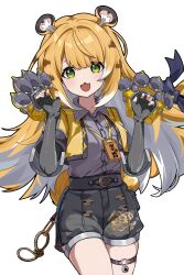  1girl absurdres animal_ear_fluff animal_ears bow colored_inner_hair cowboy_shot fake_claws fang green_eyes grey_shirt hands_up high-waist_shorts highres holding holding_weapon jacket ju_fufu multicolored_hair ningmeng_zizi open_mouth orange_fur shirt shirt_tucked_in shorts simple_background solo sparkling_eyes striped_fur striped_hair tail tail_bow tail_ornament thigh_strap tiger_ears tiger_girl tiger_stripes tiger_tail weapon white_background yellow_jacket zenless_zone_zero 