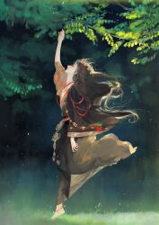  1girl absurdres anklet arm_up barefoot black_hair black_hanfu chinese_clothes chinese_commentary commentary_request eyelashes from_side full_body gold_necklace grass hanfu highres huadian jewelry light_particles lipstick long_hair long_sleeves looking_up luori_dianxin makeup necklace outdoors path_to_nowhere profile reaching red_eyes red_lips running solo two-tone_hanfu very_long_hair wavy_hair wide_sleeves yao_(path_to_nowhere) 