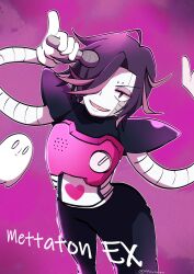  0_0 1boy 1other 2022 2d ambiguous_gender android artist_name black_hair character_name cousins digital_media duo from_above ghost gloves hair_over_one_eye highres holding holding_microphone humanoid humanoid_robot male male_focus mettaton mettaton_ex microphone napstablook oppyanen outline pauldrons pink_background pinky_out robot robot_boy short_hair simple_background solo_focus text twitter_username undertale utdr_(toby_fox) white_gloves white_outline 
