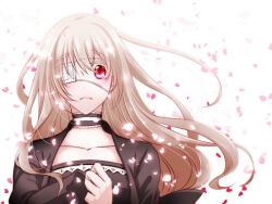  1girl akashi_(pixiv_user_1342337) black_dress blonde_hair choker dress eyepatch falling_petals higyaku_no_noel long_hair medical_eyepatch noel_cerquetti petals red_eyes solo 